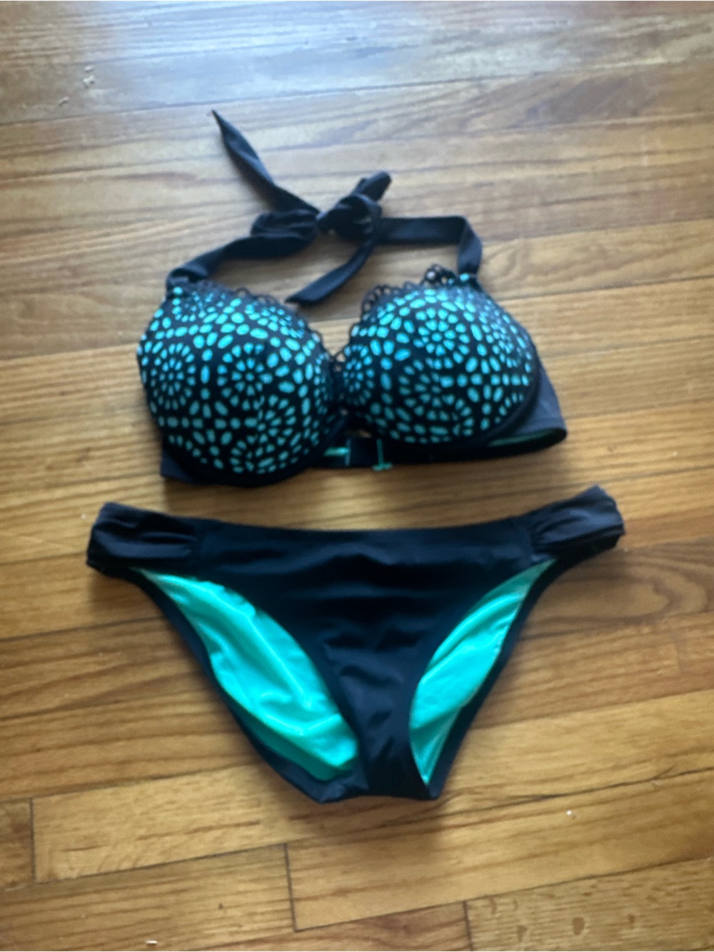 Shade & Shore Black Teal Push-Up Halter Bikini Set 36D Cutout Lace Overlay